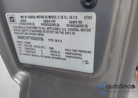 2000 Chevrolet Suburban 1500 Ls from USA, damaged, VIN 3GNEC16T7YG223736